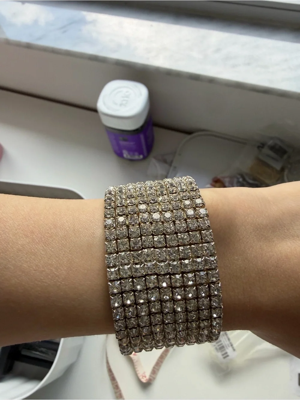 Wide Silver Tone Multi-Row Crystal Rhinestone Statement Bracelet